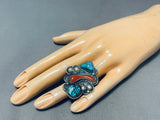 One Of The Best Vintage Native American Navajo Turquoise Coral Sterling Silver Leaf Ring Old-Nativo Arts