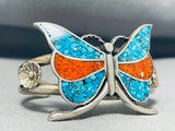 Awesome Native American Navajo Turquoise Coral Chip Inlay Sterling Silver Butterfuly Bracelet-Nativo Arts