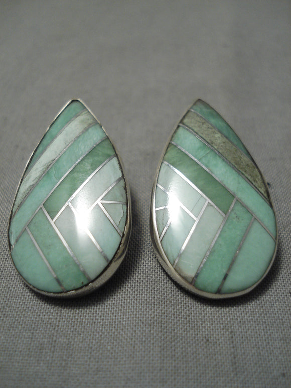 Detailed!! Native American Green Turquoise Sterling Silver Earrings-Nativo Arts