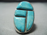 Heavy Vintage Native American Navajo Blue Gem Turquoise Sterling Silver Ring-Nativo Arts