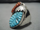 Amazing Vintage Zuni Native American Large Carved Turquoise Sterling Silver Ring-Nativo Arts