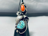 Captivating Vintage Native American Navajo Old Kingman Turquoise Coral Sterling Silver Ring-Nativo Arts