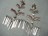 Fabulous Native American Zuni Coral Chandelier Sterling Silver Earrings-Nativo Arts
