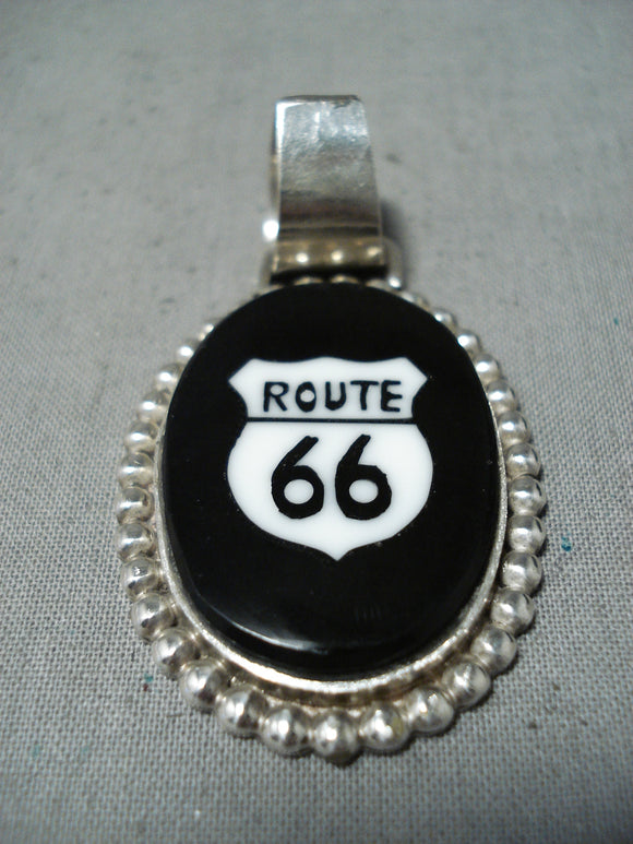 Fantastic Navajo Jet Sterling Silver Rt.66 Pendant Native American-Nativo Arts