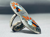 Extreme Intricacy Native American Zuni Turquoise Coral Sterling Silver Bird Ring-Nativo Arts
