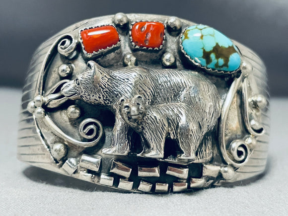 Powerful Grizzly Vintage Native American Navajo Turquoise Coral Sterling Silver Bracelet-Nativo Arts
