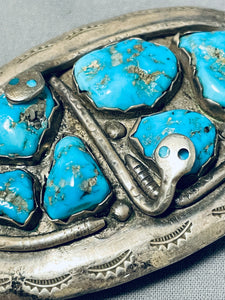 Effie Calavaza Outstanding Vintage Native American Zuni Morenci Turquoise Sterling Silver Buckle-Nativo Arts