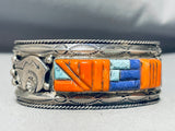 Native American One Of The Most Unique Vintage Navajo Coral Sterling Silver Lapis Bracelet-Nativo Arts