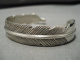 Striking Vintage Native American Navajo Hand Carved Sterling Silver Feather Bracelet Old-Nativo Arts