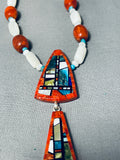 Native American One Of The Most Unique Santo Domingo Coral Sterling Silver Inlay Necklace-Nativo Arts