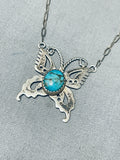 Precious Vintage Native American Zuni Blue Gem Turquoise Sterling Silver Butterfly Necklace-Nativo Arts