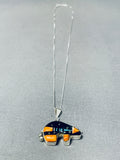 Fantastic Native American Navajo Signed Inlay Coral Jet Sterling Silver Bear Necklace-Nativo Arts