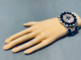 Extraordinary Native American Zuni Blue Gem Turquoise Sterling Silver Sunface Inlay Bracelet-Nativo Arts
