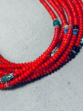 Authentic Singer Coral Native American Navajo Sterling Silver Turquoise Necklace-Nativo Arts