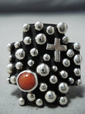 Impressive Navajo Coral Sterling Silver Cross Ring Native American-Nativo Arts