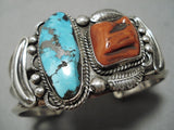 Magnificent Vintage Native American Navajo Turquoise Coral Sterling Silver Half Moon Bracelet-Nativo Arts