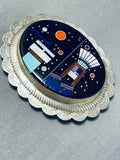 Thick Signed Native American Navajo Turquoise Lapis Sterling Silver Buckle-Nativo Arts