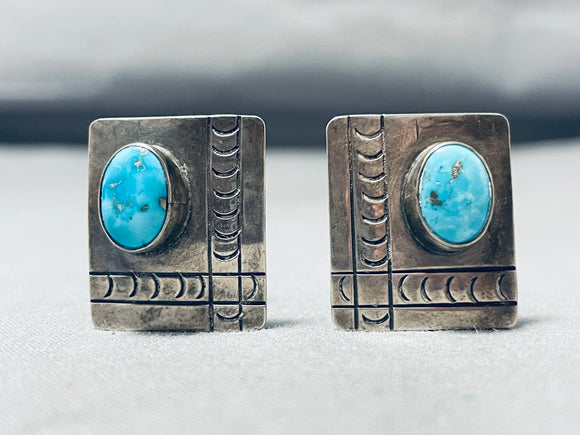 Marvelous Vintage Native American Navajo Kingman Turquoise Sterling Silver Square Cuff Links-Nativo Arts