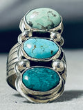 Towering Vintage Native American Navajo 3 Turquoise Sterling Silver Large Ring-Nativo Arts