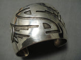 Very Wide!! Vintage Native American Navajo Hand Hammered Sterling Silver Overlay Bracelet-Nativo Arts