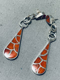 Lyn Johnson Native American Navajo Coral Inlay Sterling Silver Teardrop Earrings-Nativo Arts