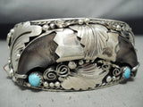 Authentic Detailed Bear Native American Navajo Turquoise Sterling Silver Bracelet-Nativo Arts