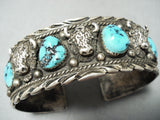 Detailed Buffalo Vintage Native American Navajo Turquoise Sterling Silver Bracelet-Nativo Arts