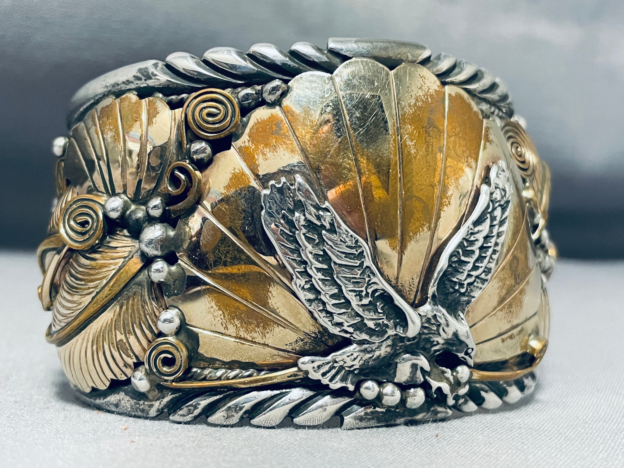 Huge Mens Native American Navajo Signed Sterling Silver Eagle Gold
