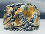 Huge Mens Native American Navajo Signed Sterling Silver Eagle Gold Fill Huge Bracelet-Nativo Arts