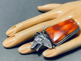 Howling Coyote Native American Navajo Sterling Silver Spiny Oyster Ring-Nativo Arts