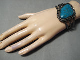 Superior Vintage Native American Navajo Vivid Blue Turquoise Sterling Silver Wave Bracelet Old-Nativo Arts