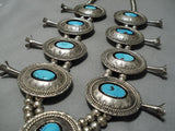 Opulent Vintage Native American Navajo Turquoise Sterling Silver Concho Squash Blossom Necklace-Nativo Arts