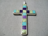 Impressive Vintage Native American Navajo Turquoise Gaspeite Sterling Silver Cross Pendant-Nativo Arts