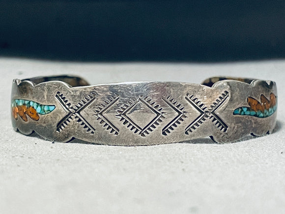Detailed Vintage Native American Navajo Turquoise Coral Sterling Silver Bracelet Old-Nativo Arts