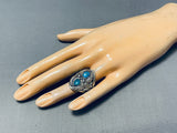 Native American Rare Vintage Highly Detailed Turquoise Sterling Silver Ring Old-Nativo Arts