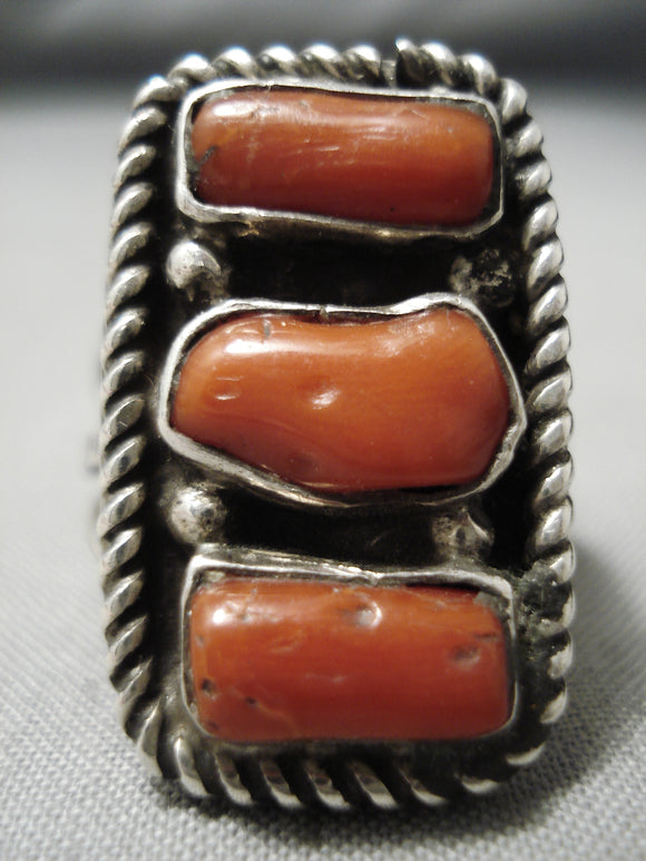 Huge Vintage Native American Navajo Chunky Dunky Coral Sterling Silver Ring Old-Nativo Arts