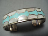 Bneautiful Vintage Native American Zuni Turquoise Pearl Sterling Silver Inlay Bracelet Old-Nativo Arts