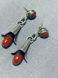 Beautiful Native American Navajo Coral Sterling Silver Blossom Earrings-Nativo Arts