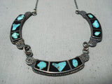 Exceptional Vintage Native American Navajo Turquoise And Onyx Sterling Silver Necklace Old-Nativo Arts