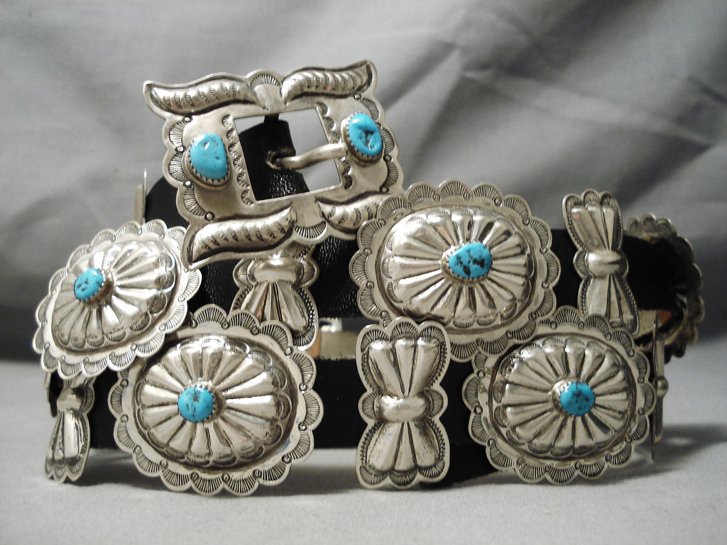 Belt - Vintage Silver Square Conchos with Turquoise - Long Ago & Far Away