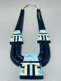 Native American Traditional Santo Domingo Turquoise Jet Sterling Silver Necklace-Nativo Arts
