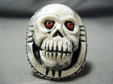 Native American Huge Important Francisco Gomez Coral Sterling Silver Skull Ring-Nativo Arts