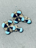 Cross Inlay Vintage Native American Zuni Turquoise Jet Sterling Silver Earrings Old-Nativo Arts