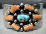 Heavy Bisbee Turquoise Vintage Native American Navajo Red Coral Sterling Silver Bracelet-Nativo Arts