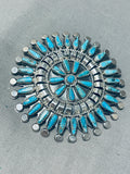Dazzling Native American Navajo Signed Turquoise Cluster Sterling Silver Tommy Lowe Pin-Nativo Arts