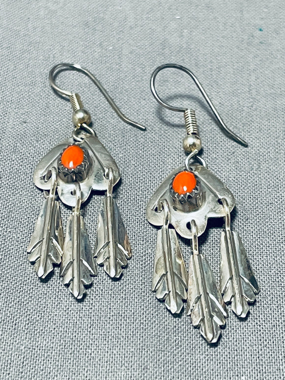 Rare Dangling Vintage Native American Navajo Coral Sterling Silver Earrings-Nativo Arts