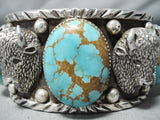 Native American Heavy 172 Gram Navajo Buffalo #8 Turquoise Sterling Silver Bracelet-Nativo Arts