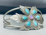 So Beautiful! Happy Vintage Native American Navajo Opal Turquoise Sterling Silver Leaf Bracelet-Nativo Arts