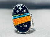 Spectacular Native American Navajo Signed Cosmic Inlay Jet Coral Sterling Silver Oval Ring-Nativo Arts
