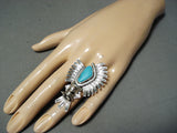 Marvelous Native American Navajo Signed Kingman Turquoise Sterling Silver Kachina Ring-Nativo Arts